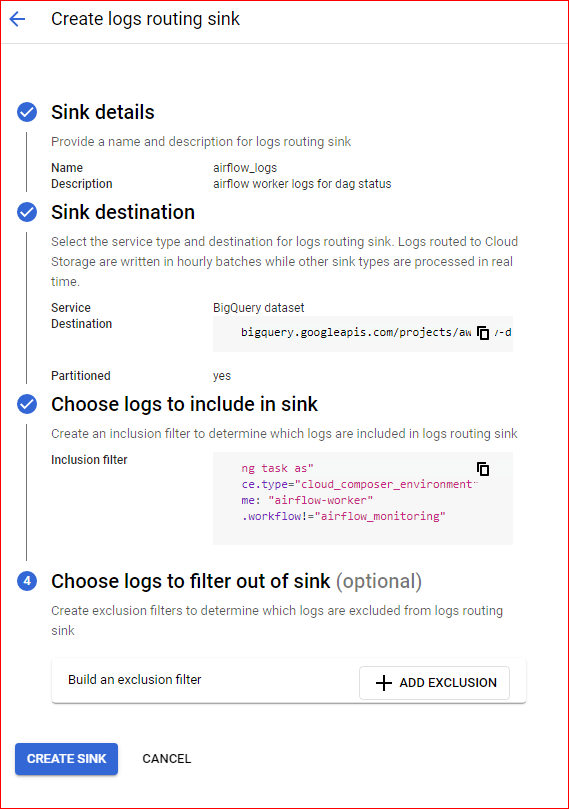 log sink to redirect airflow logs to bigquery for looker studio dashboard