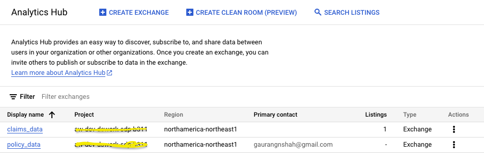 GCP bigquery Analytics hub listing. 